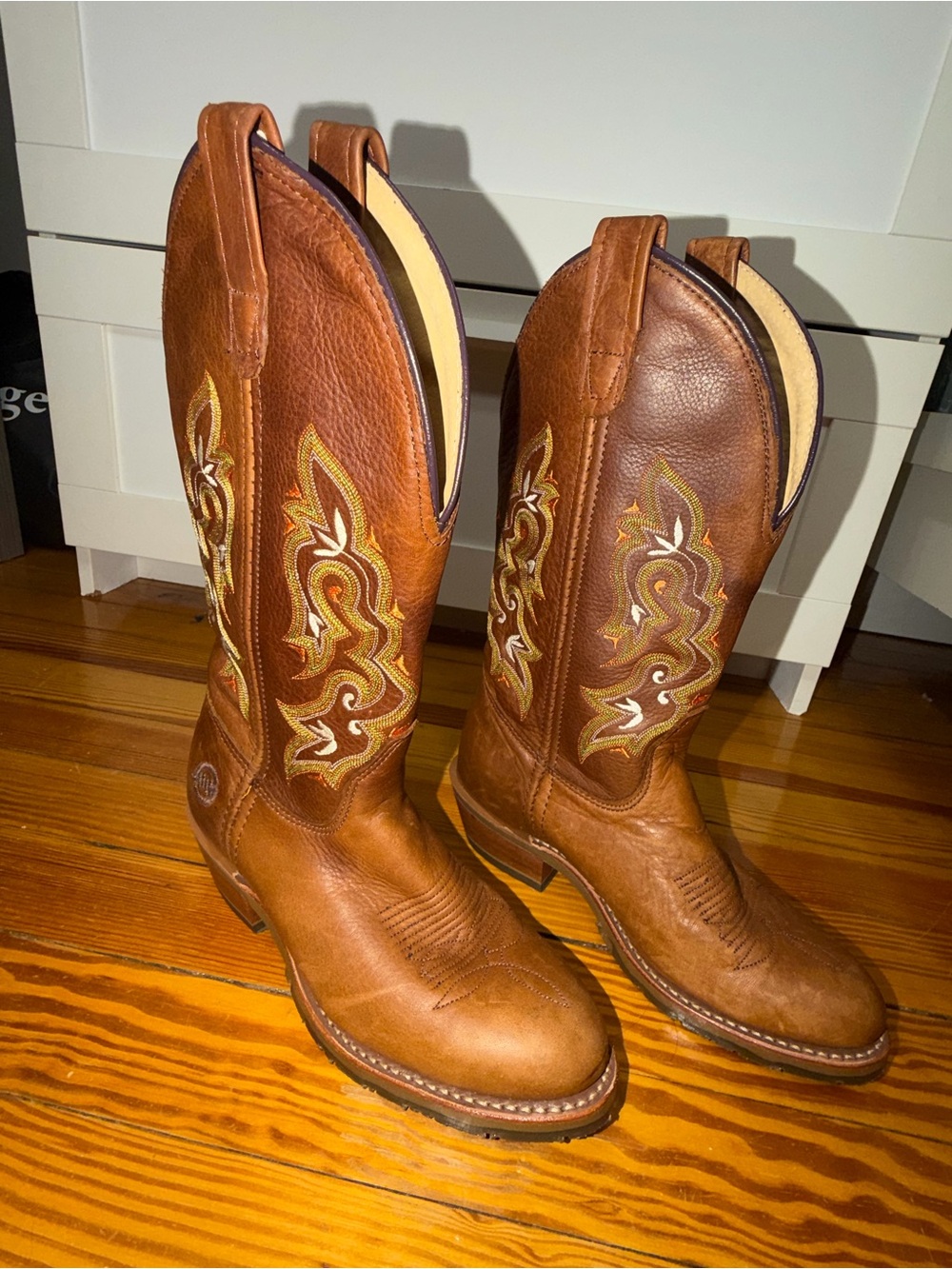 Double H Tan Leather Western Cowboy Boots with Multicolor Stitching